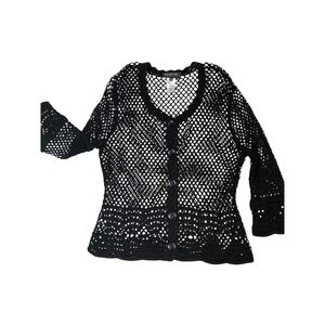 Jones New York Crochet Cardigan Womens L Black Excellent Open Knit Button Front